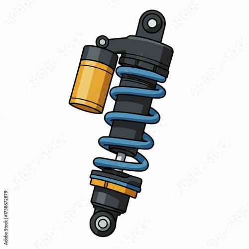 A cartoon illustration of a motorcycle shock absorber with a blue spring and yellow reservoir.