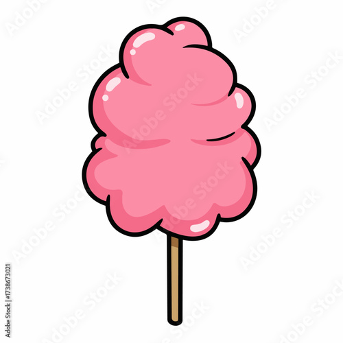 A cartoon illustration of a fluffy pink cotton candy on a stick, presented against a white background.