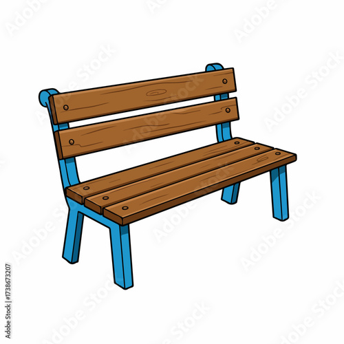 A simple cartoon illustration of a wooden park bench with blue metal legs and frame.