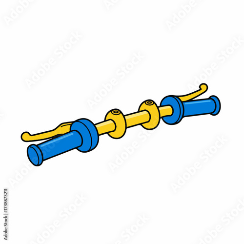 A cartoon illustration of blue and yellow bicycle handlebars with grips and brake levers.