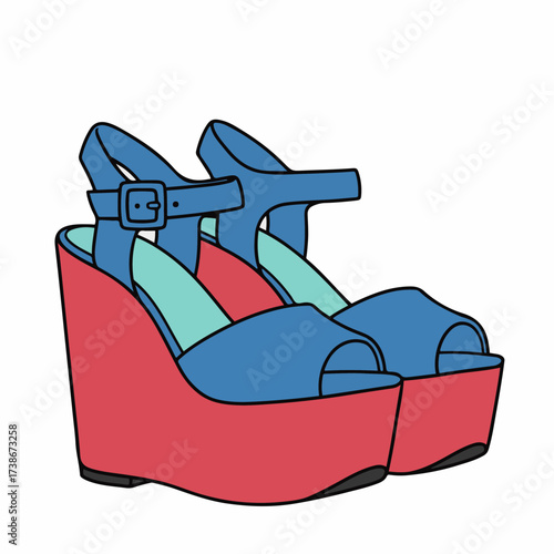 A pair of blue and red platform wedge sandals with ankle straps and buckle closures.