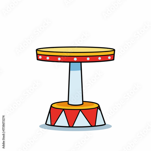 A cartoon illustration of a circus pedestal with a red and white striped base and a yellow top.