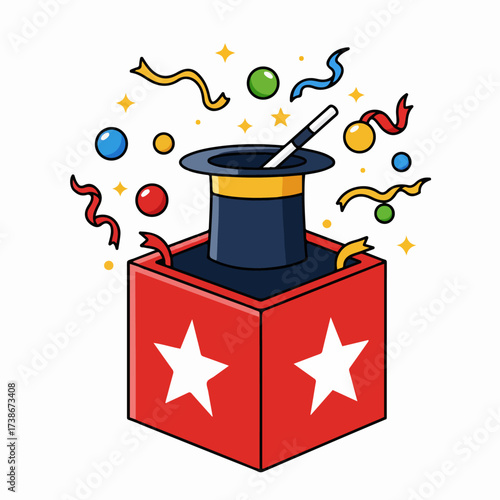 A magic hat and wand emerge from a red box adorned with white stars, surrounded by colorful confetti and balloons, symbolizing a surprise or performance.