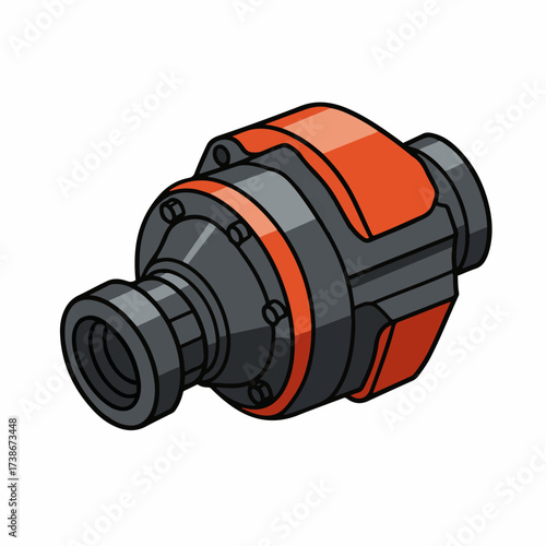 A detailed illustration of a mechanical component, possibly a valve or a specialized fitting, with orange and black detailing.