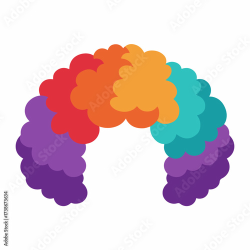 A colorful, fluffy clown wig with multiple sections of vibrant red, orange, yellow, green, blue, and purple hair.
