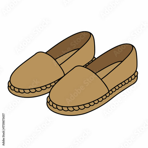 A pair of simple, flat, tan-colored espadrille shoes with braided rope soles, presented on a white background.