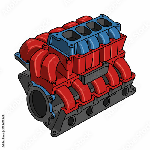 A detailed illustration of a red and blue V8 engine intake manifold, showcasing its complex internal structure and components.