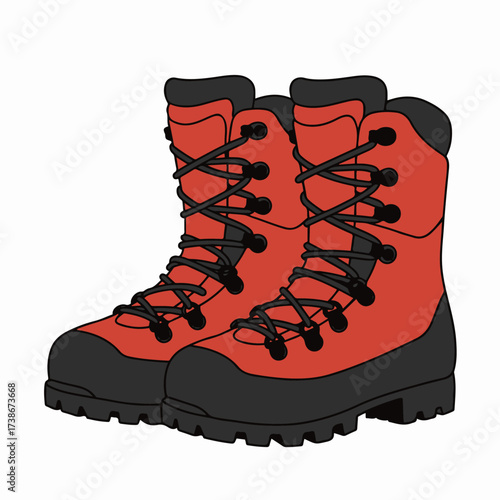 A pair of bright red hiking boots with black laces and soles, isolated on a white background.