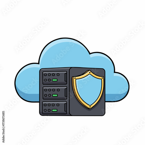 A digital illustration of a server rack with a shield in front of a cloud, symbolizing cloud security and data protection.