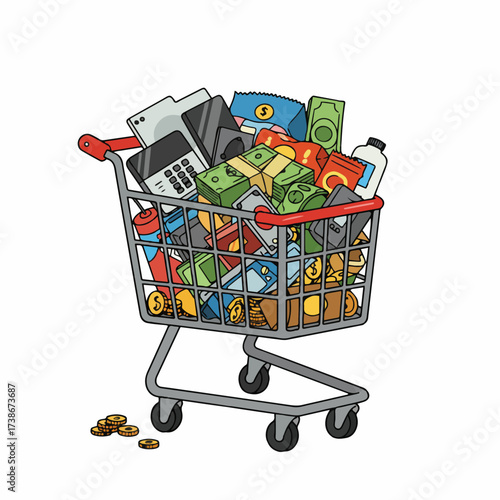 A full shopping cart overflowing with various items including money, electronics, and groceries, with coins scattered on the floor.