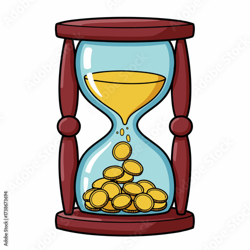 An hourglass filled with golden coins, symbolizing the passage of time and wealth.