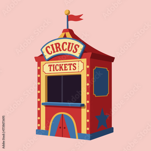 A colorful circus ticket booth with a red and yellow striped awning and a flag on top.