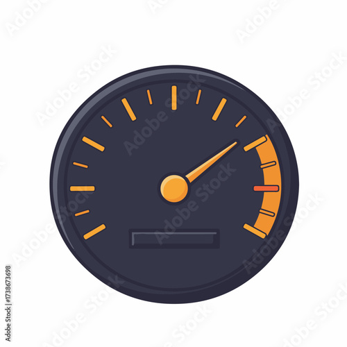 A close-up illustration of a dark-faced speedometer with an orange needle pointing towards the right side of the dial.