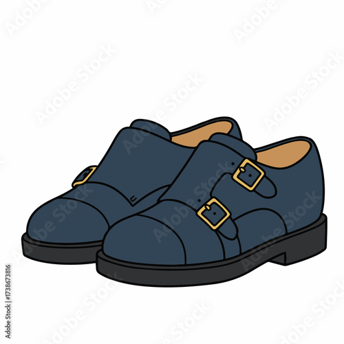 A pair of dark blue leather double monk strap shoes with gold buckles on a white background.