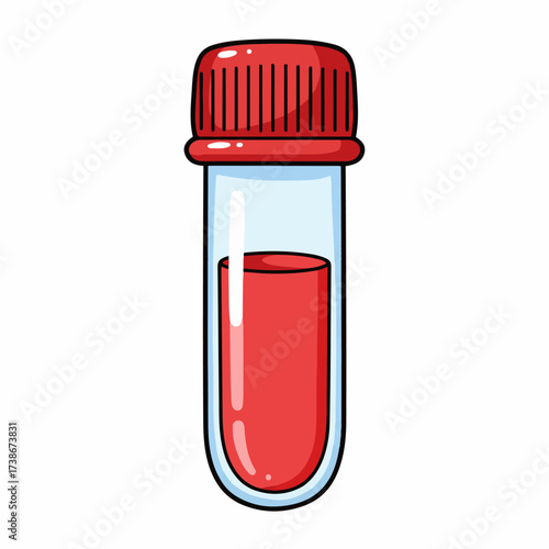A cartoon illustration of a single test tube filled with red liquid and a red cap.