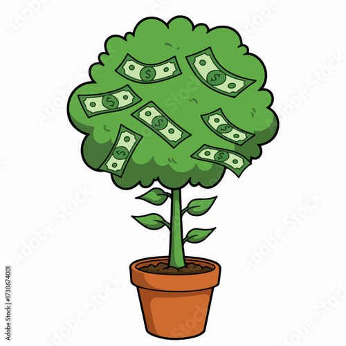 A cartoon illustration of a money tree with dollar bills growing on its branches, planted in a terracotta pot.