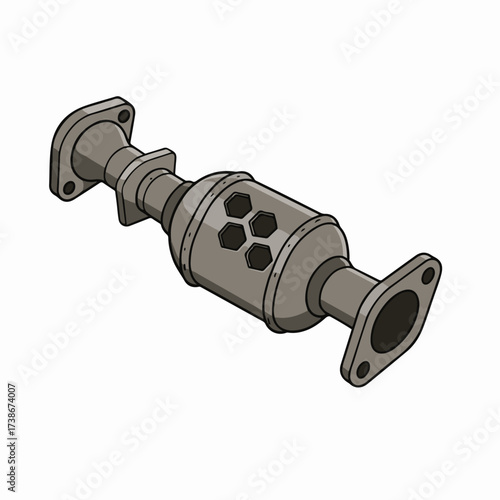An isometric illustration of a catalytic converter, a crucial component in vehicle exhaust systems, designed to reduce harmful emissions.