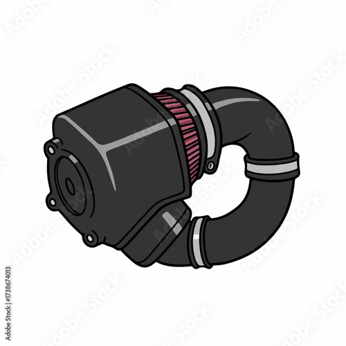 A black cold air intake system with a red air filter, designed for automotive performance enhancement.