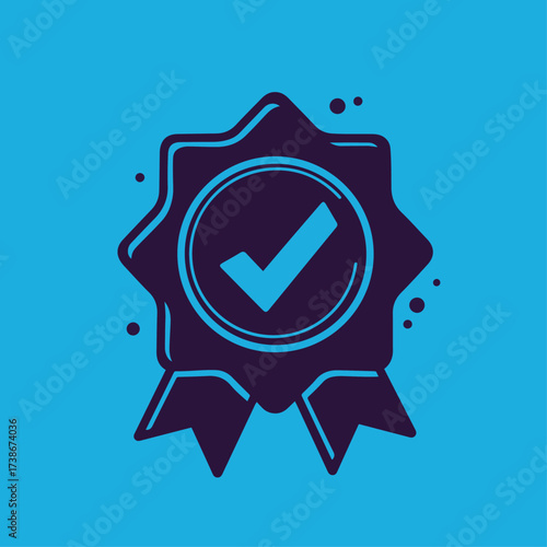 A stylized, dark purple badge with a checkmark inside a circle, set against a bright blue background.