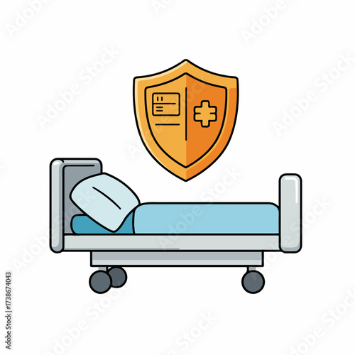 A hospital bed with a shield symbolizing health insurance or medical protection above it.