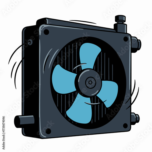 A cartoon illustration of a computer cooling fan and radiator assembly, with blue fan blades spinning.