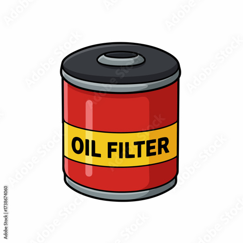 A cartoon illustration of a red oil filter with a yellow band labeled "OIL FILTER".