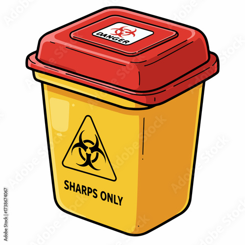 A yellow biohazard sharps container with a red lid, featuring the biohazard symbol and the words "SHARPS ONLY" and "DANGER".
