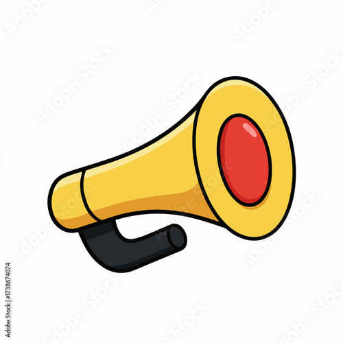 A cartoon illustration of a golden horn with a red bell and a black mouthpiece.