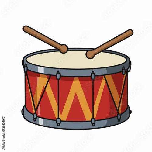 A cartoon illustration of a red snare drum with yellow zigzag patterns and two drumsticks resting on top.