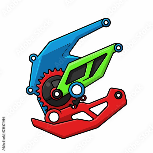 A colorful, stylized illustration of a complex mechanical component, possibly a bicycle derailleur or gearbox.