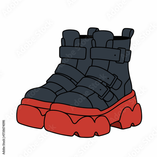 A pair of chunky platform boots with black uppers and bright red soles, featuring multiple buckle straps.