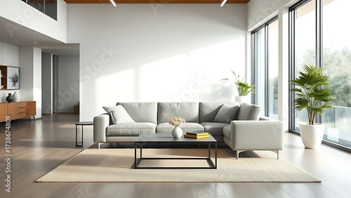 Minimalist living room with sofa and coffee table, soft natural light from large window.