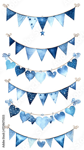 Wallpaper Mural Watercolor garland with blue flags and hearts, ideal for a festive party or celebration. The decorations are arranged in a neat vertical pattern, creating a playful and charming effect. Torontodigital.ca