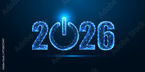 2026 New Year with glowing blue power button in low poly digital wireframe vector illustration