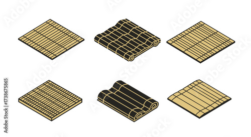 Isometric sushi rolling mats set on white background