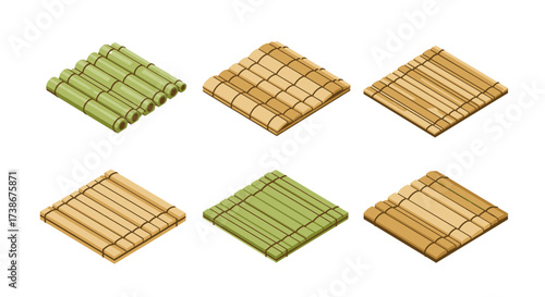 Isometric bamboo texture set with different shades and arrangements