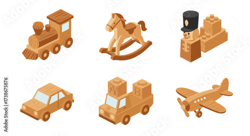 Wooden toys collection: train, rocking horse, building blocks, car, airplane
