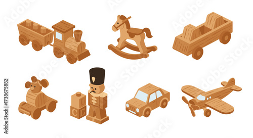 Isometric wooden toys collection: train, horse, car, plane, bear, soldier