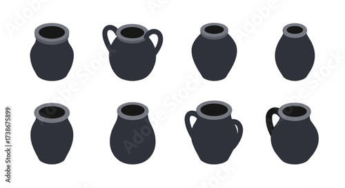 Isometric clay pitchers set on white background for design projects