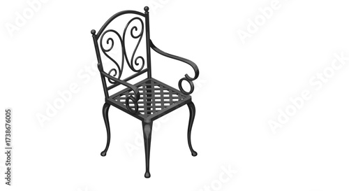 Elegant iron chair with swirl design on white background