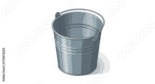 Realistic shiny metal bucket with handle on white background