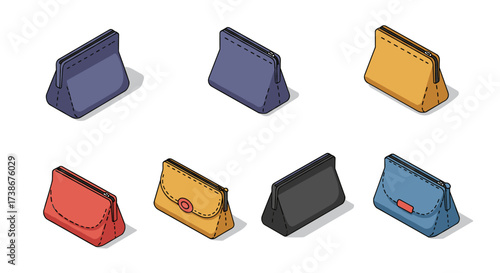 Set of isometric handbags in various colors and designs on white background
