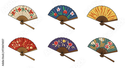 Colorful asian style hand fans with floral and geometric patterns