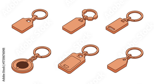 Set of isometric keychains in various shapes and designs