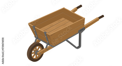 Rustic wooden wheelbarrow in isometric style for garden and landscaping design