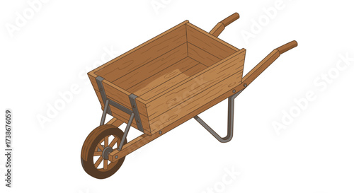 Wooden wheelbarrow isometric view for farm and garden use
