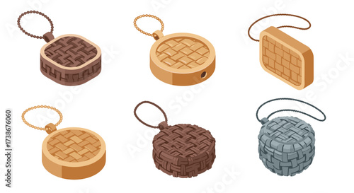 Isometric keychain collection with woven basket patterns in various designs