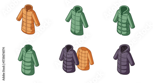 Isometric colorful winter coats collection display in front and back views