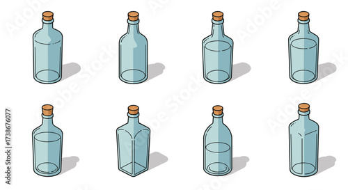 Collection of isometric glass bottles with cork stoppers