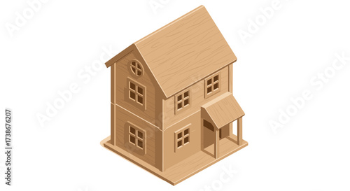Wooden model house on white background with isometric design